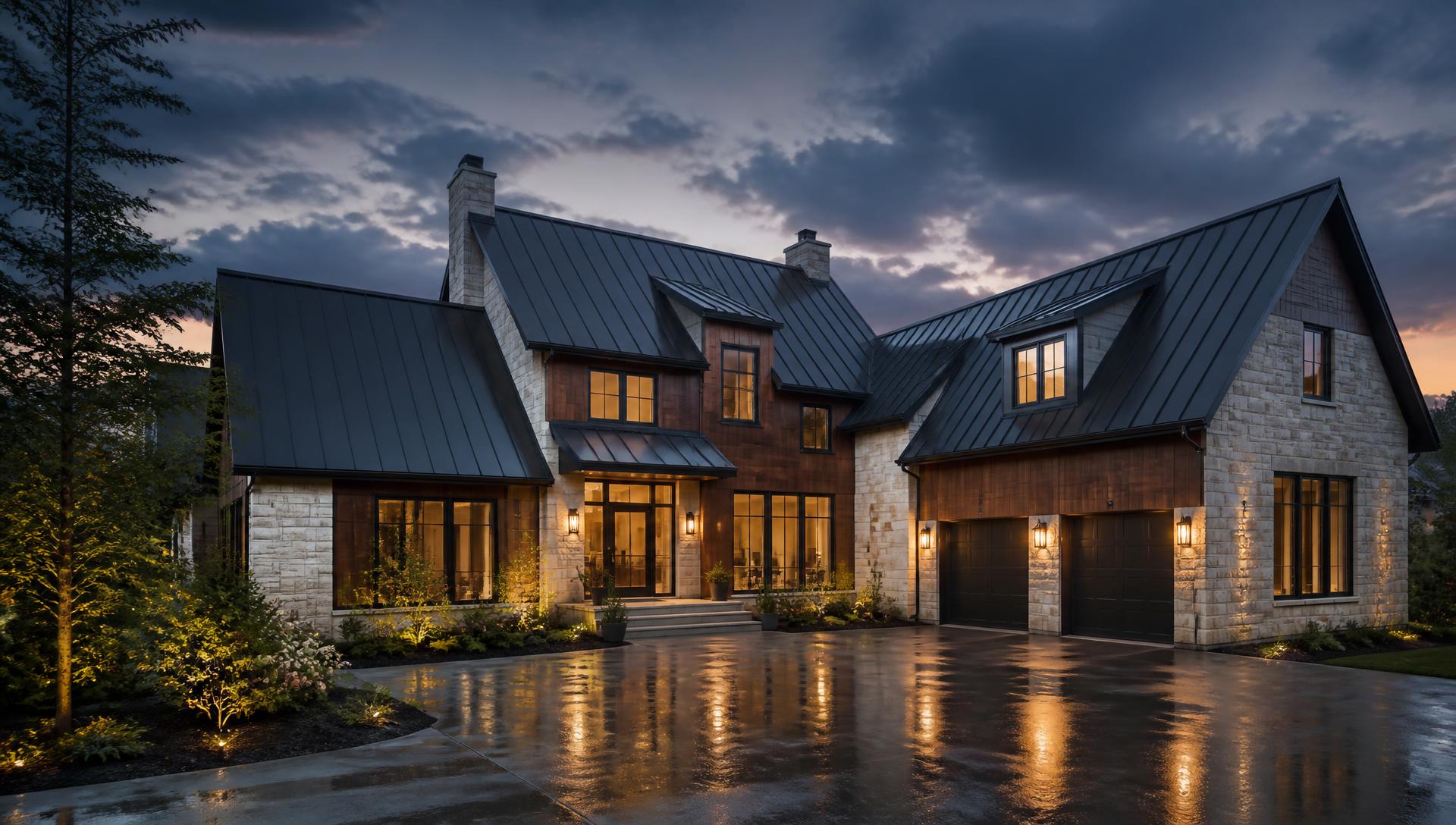 Residential home with a sleek dark standing seam metal roof at dusk